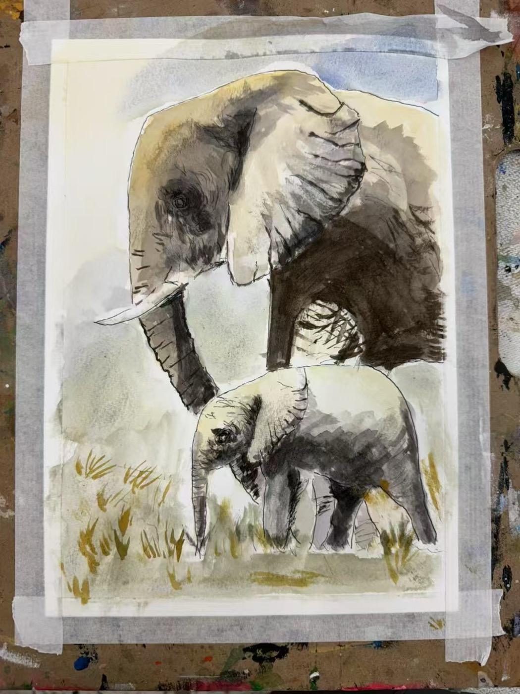 Watercolour of an adult elephant and calf
