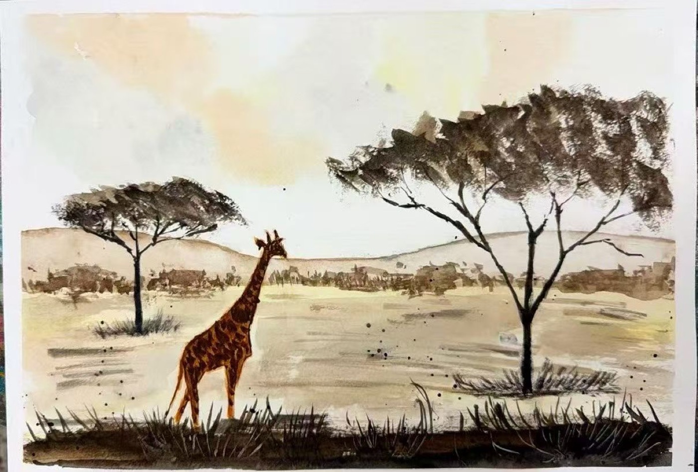 Watercolour of a savanna at dusk with acacia trees and a giraffe